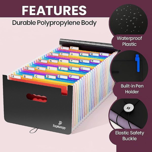 26 Folders A4 Document Organiser, 34 x 25 x 4 cm, PP with Flap & Elastic Closure, Includes Labels
